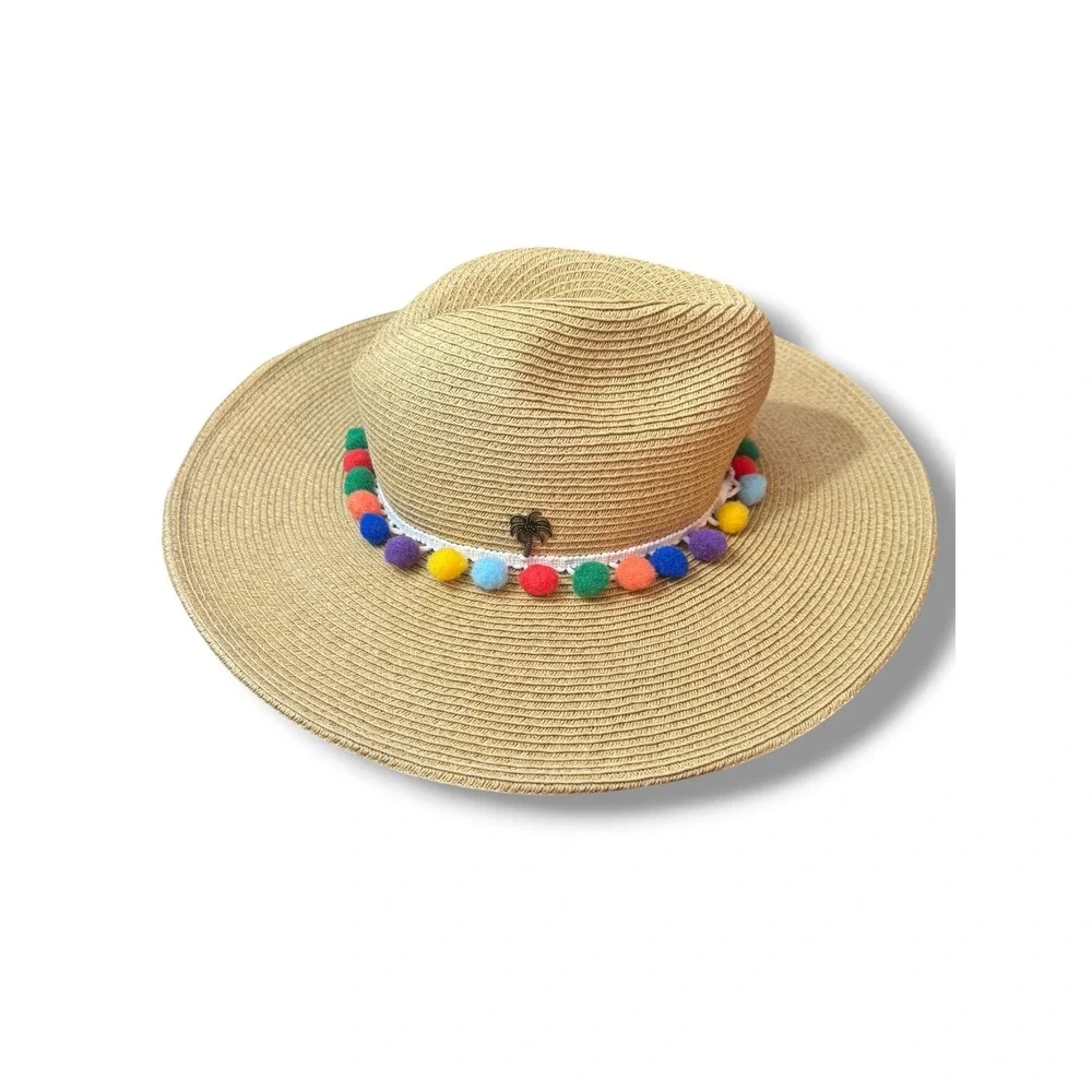Sun N Sand Straw Sun Hat Tan Rainbow Pom Pom Palm Tree Charm Wide Brim Fedora